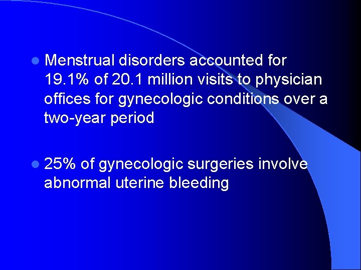 l Menstrual disorders accounted for 19. 1% of 20. 1 million visits to physician