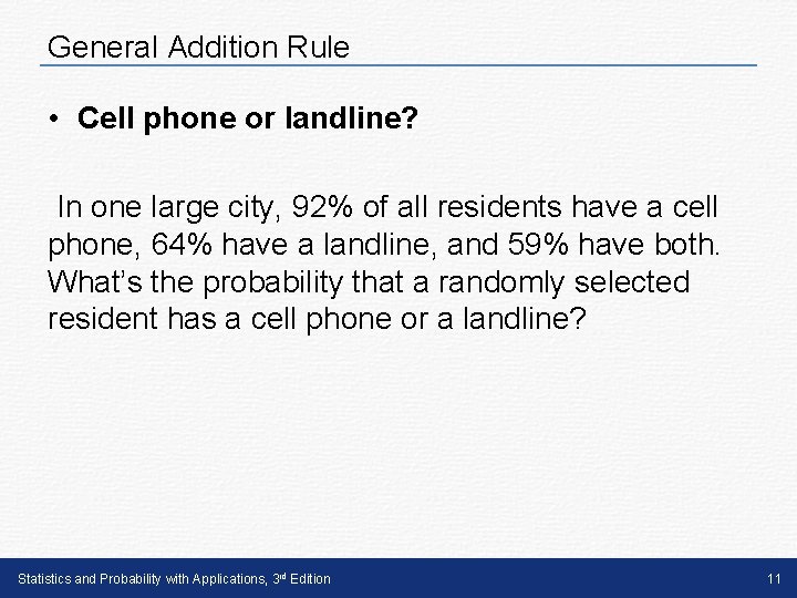 General Addition Rule • Cell phone or landline? In one large city, 92% of
