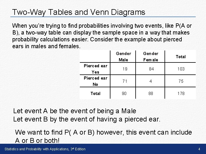 Two-Way Tables and Venn Diagrams When you’re trying to find probabilities involving two events, Two-Way Tables and Venn Diagrams When you’re trying to find probabilities involving two events,