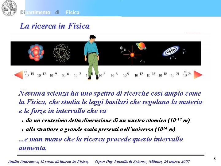 La ricerca in Fisica Nessuna scienza ha uno spettro di ricerche così ampio come