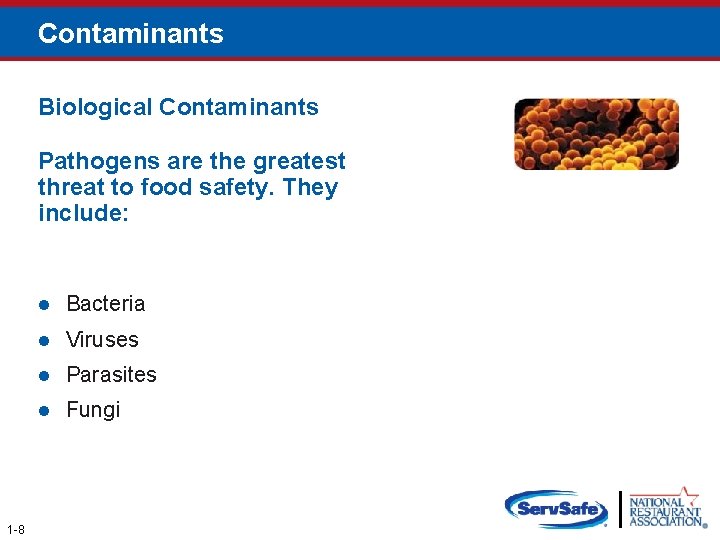 Contaminants Biological Contaminants Pathogens are the greatest threat to food safety. They include: 1