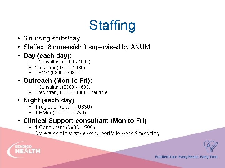 Staffing • 3 nursing shifts/day • Staffed: 8 nurses/shift supervised by ANUM • Day