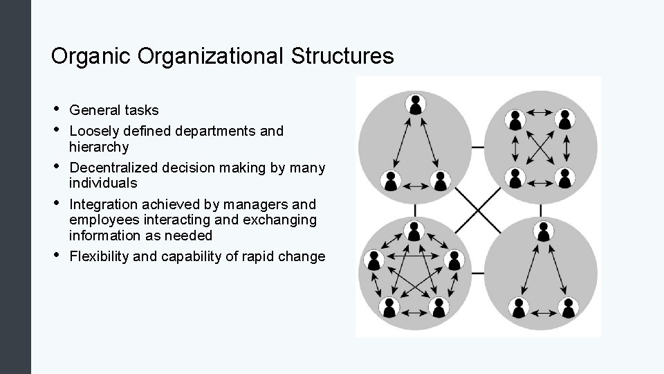 Organic Organizational Structures • • • General tasks Loosely defined departments and hierarchy Decentralized Organic Organizational Structures • • • General tasks Loosely defined departments and hierarchy Decentralized
