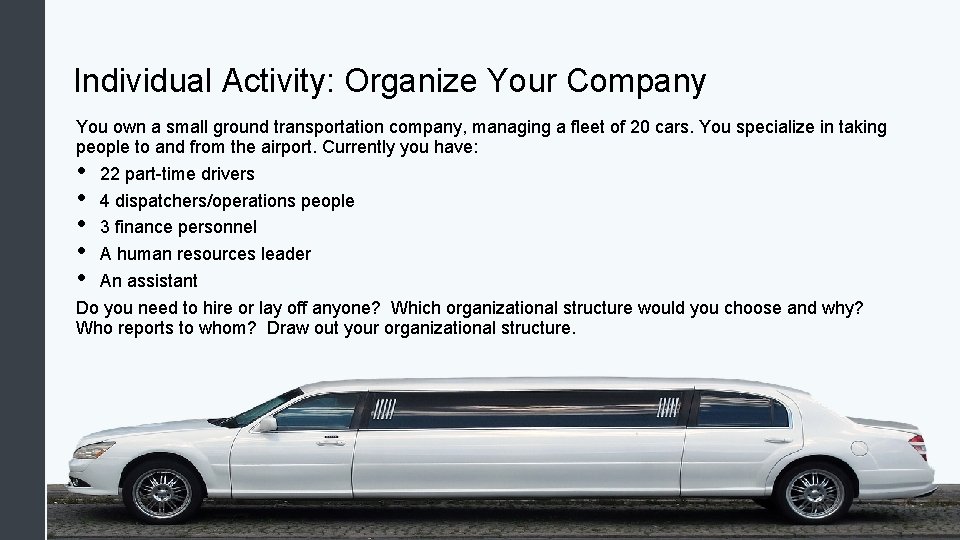Individual Activity: Organize Your Company You own a small ground transportation company, managing a