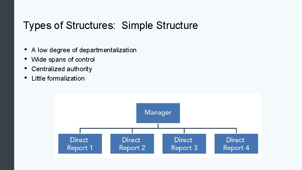 Types of Structures: Simple Structure • • A low degree of departmentalization Wide spans Types of Structures: Simple Structure • • A low degree of departmentalization Wide spans