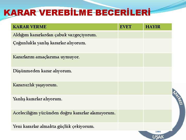 KARAR VEREBİLME BECERİLERİ KARAR VERME Aldığım kararlardan çabuk vazgeçiyorum. Çoğunlukla yanlış kararlar alıyorum. Kararlarım