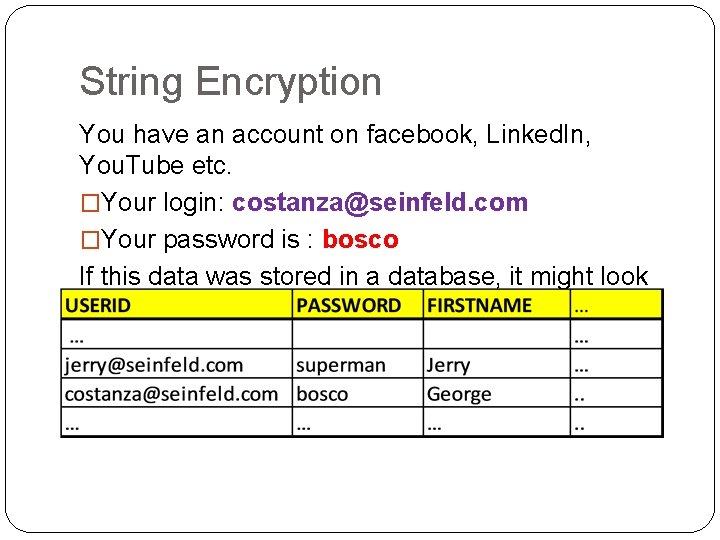 String Encryption You have an account on facebook, Linked. In, You. Tube etc. �Your