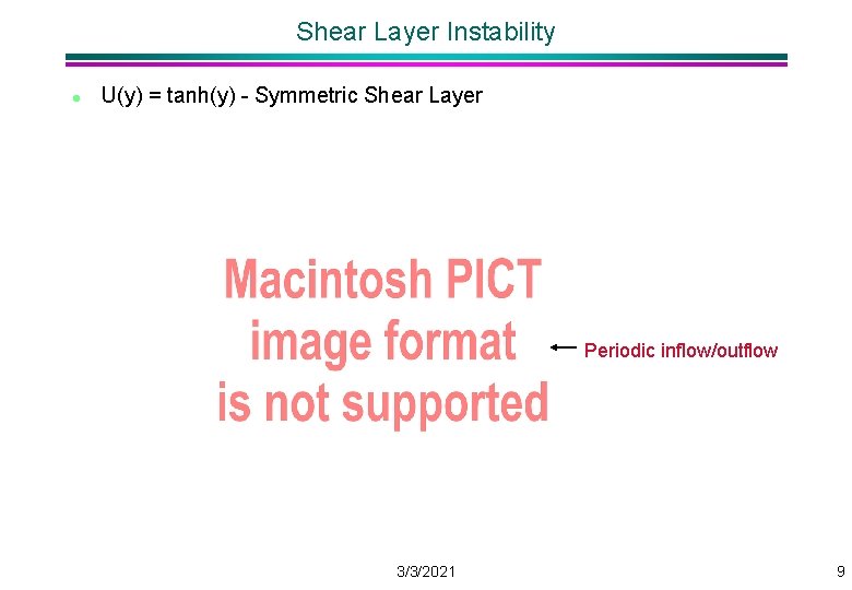Shear Layer Instability l U(y) = tanh(y) - Symmetric Shear Layer Periodic inflow/outflow 3/3/2021