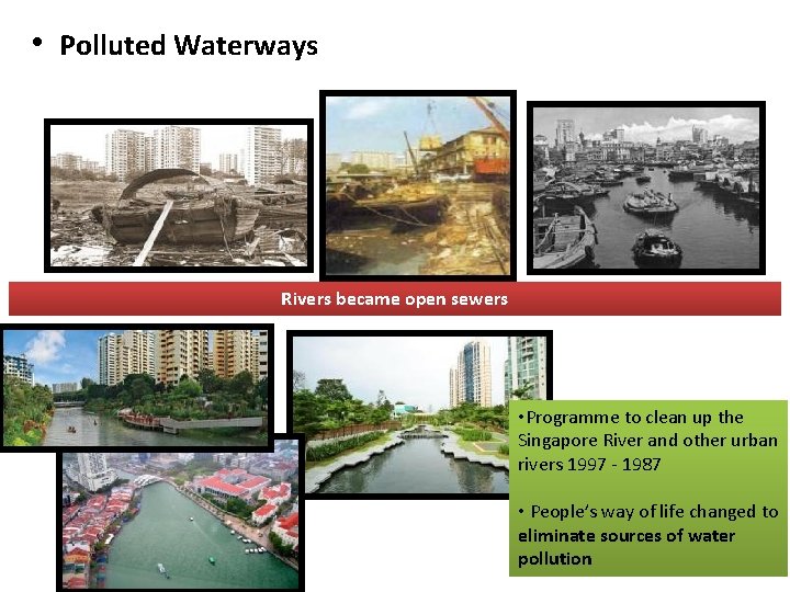  • Polluted Waterways Rivers became open sewers • Programme to clean up the