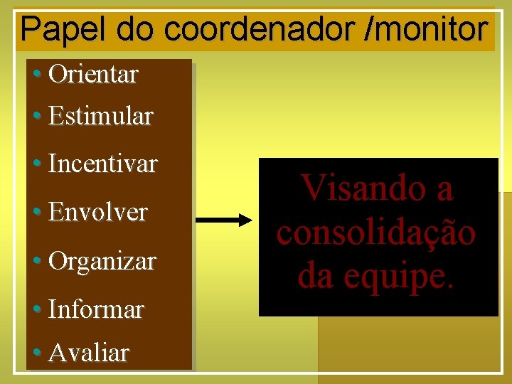 Papel do coordenador /monitor • Orientar • Estimular • Incentivar • Envolver • Organizar