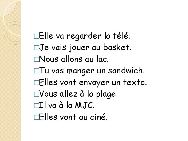 �Elle va regarder la télé. �Je vais jouer au basket. �Nous allons au lac.