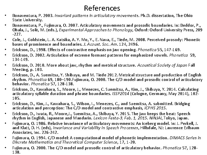  • • • • References Bonaventura, P. 2003. Invariant patterns in articulatory movements.