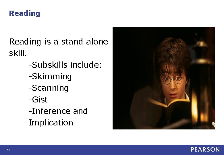 Reading is a stand alone skill. -Subskills include: -Skimming -Scanning -Gist -Inference and Implication Reading is a stand alone skill. -Subskills include: -Skimming -Scanning -Gist -Inference and Implication