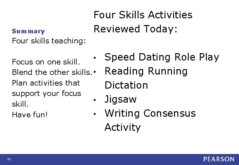 Summary Four Skills Activities Reviewed Today: Four skills teaching: • Focus on one skill. Summary Four Skills Activities Reviewed Today: Four skills teaching: • Focus on one skill.