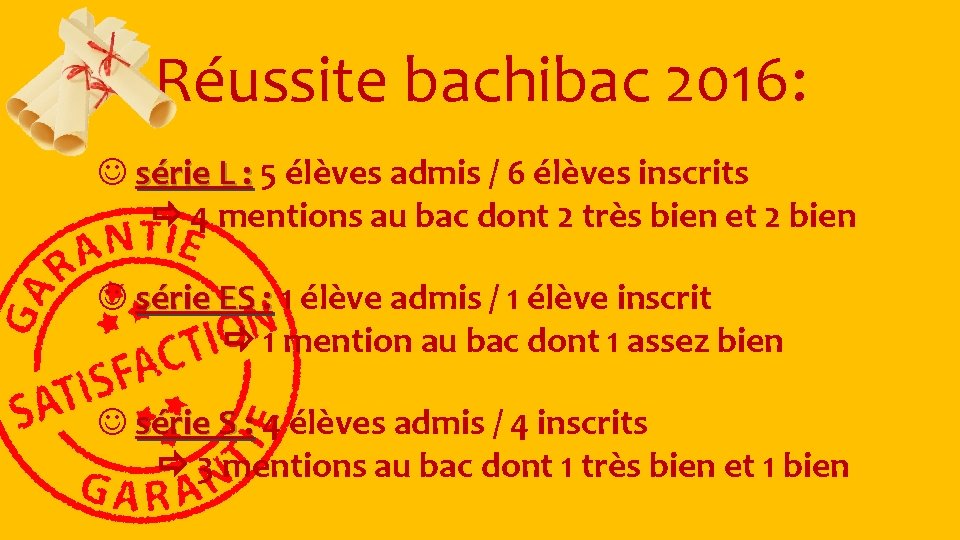 Réussite bachibac 2016: série L : 5 élèves admis / 6 élèves inscrits 4