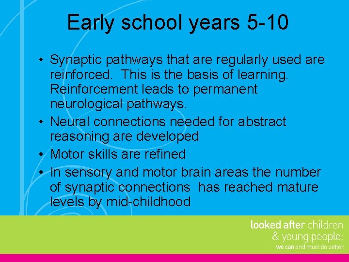 Early school years 5 -10 • Synaptic pathways that are regularly used are reinforced. Early school years 5 -10 • Synaptic pathways that are regularly used are reinforced.