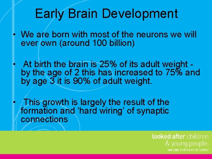 Early Brain Development • We are born with most of the neurons we will