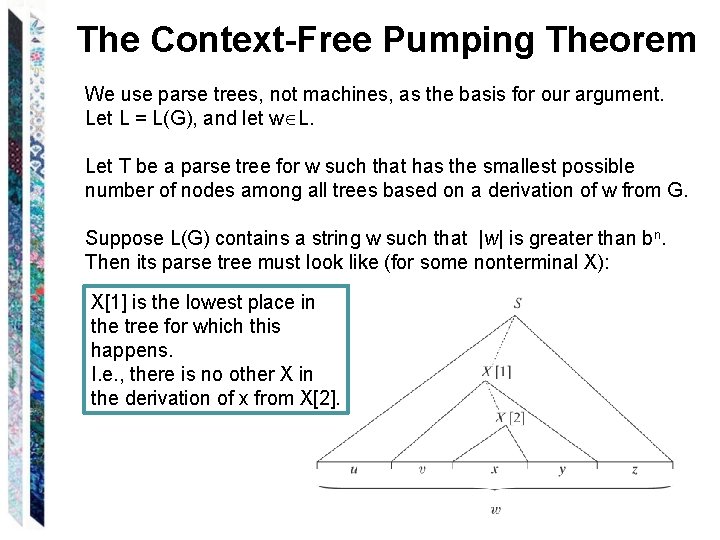 The Context-Free Pumping Theorem We use parse trees, not machines, as the basis for