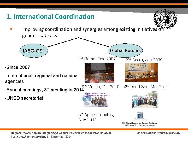 1. International Coordination • Improving coordination and synergies among existing initiatives on gender statistics