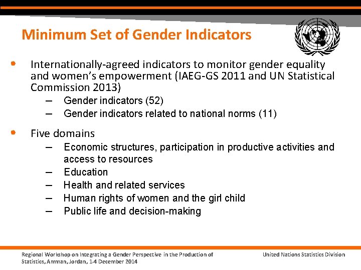 Minimum Set of Gender Indicators • Internationally-agreed indicators to monitor gender equality and women’s