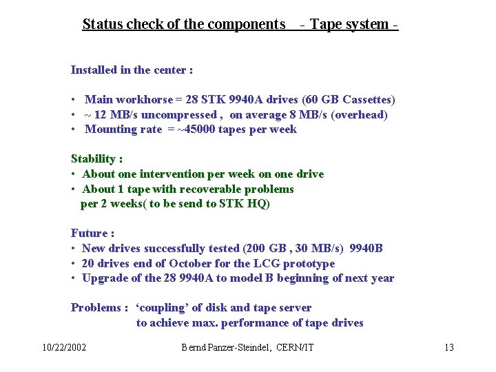 Status check of the components - Tape system - Installed in the center :