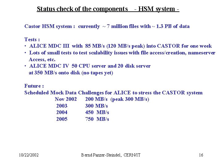 Status check of the components - HSM system - Castor HSM system : currently