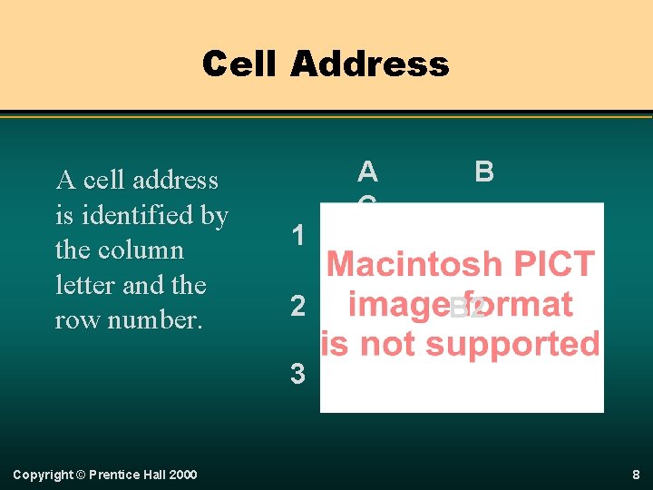 Cell Address A cell address is identified by the column letter and the row