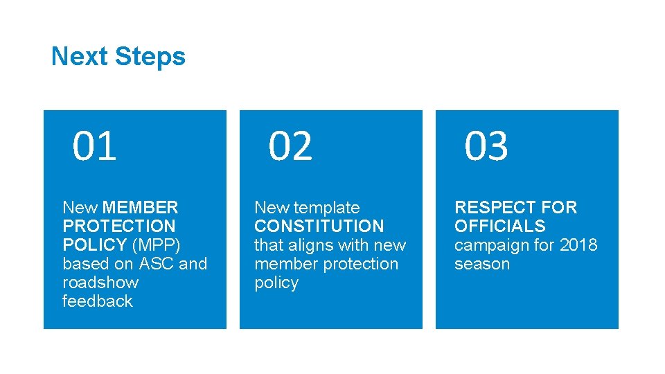 Next Steps 01 New MEMBER PROTECTION POLICY (MPP) based on ASC and roadshow feedback