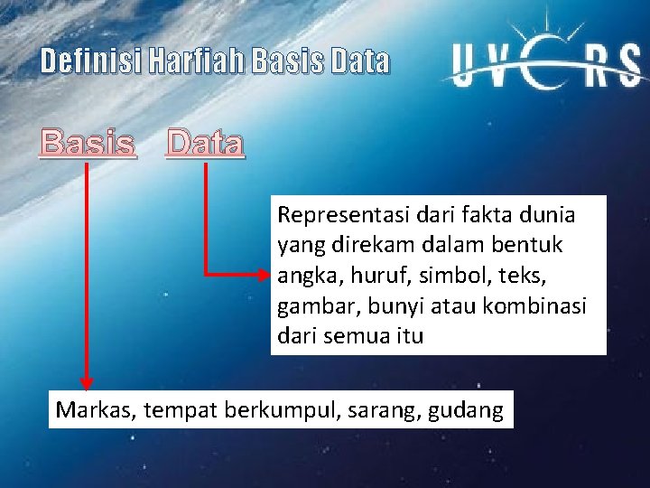 Definisi Harfiah Basis Data Representasi dari fakta dunia yang direkam dalam bentuk angka, huruf,