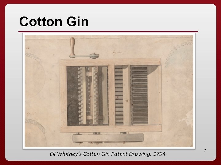 Cotton Gin Eli Whitney’s Cotton Gin Patent Drawing, 1794 7 