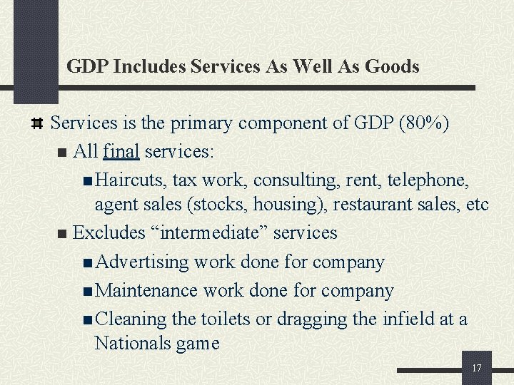 GDP Includes Services As Well As Goods Services is the primary component of GDP