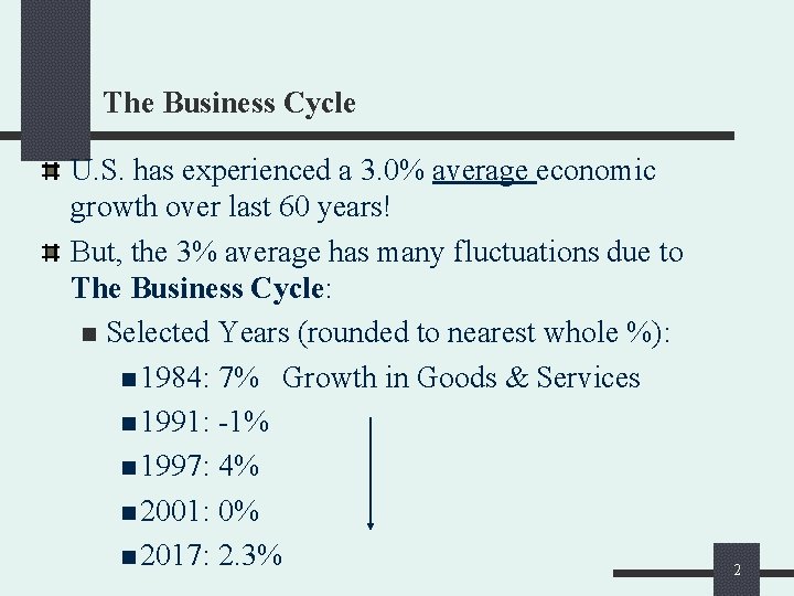 The Business Cycle U. S. has experienced a 3. 0% average economic growth over