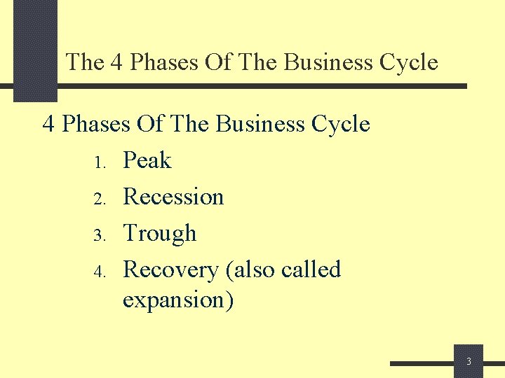 The 4 Phases Of The Business Cycle 1. Peak 2. Recession 3. Trough 4.