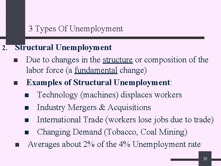 3 Types Of Unemployment 2. Structural Unemployment n n n Due to changes in