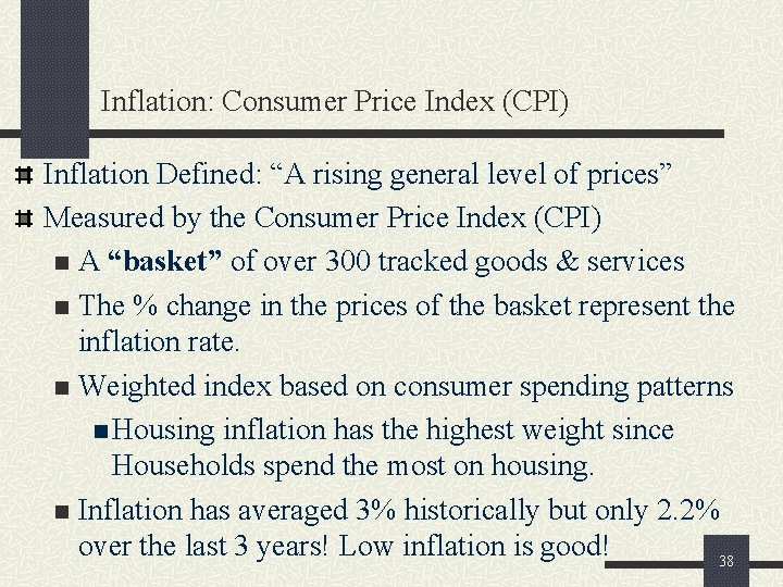 Inflation: Consumer Price Index (CPI) Inflation Defined: “A rising general level of prices” Measured