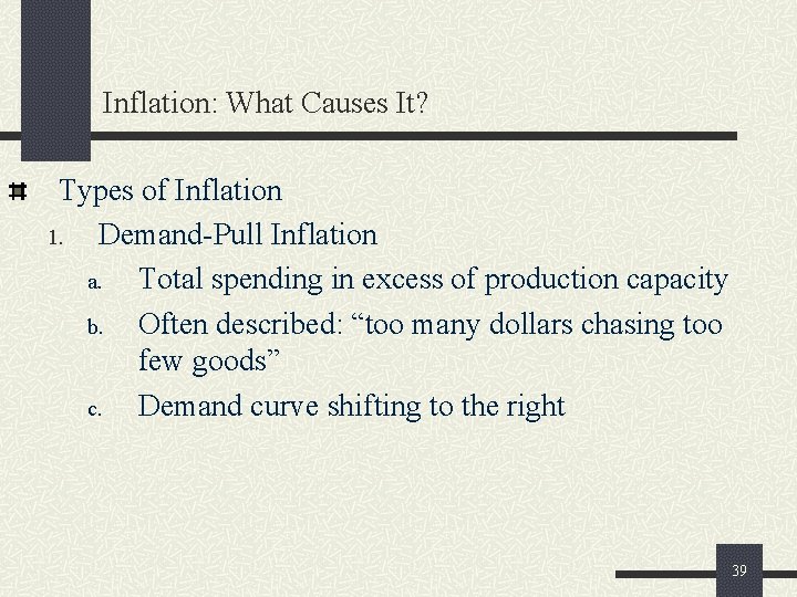 Inflation: What Causes It? Types of Inflation 1. Demand-Pull Inflation a. Total spending in