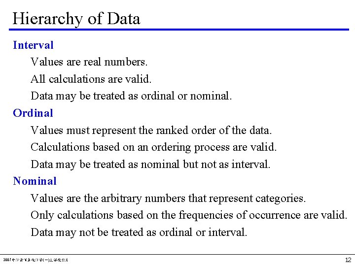 Hierarchy of Data Interval Values are real numbers. All calculations are valid. Data may