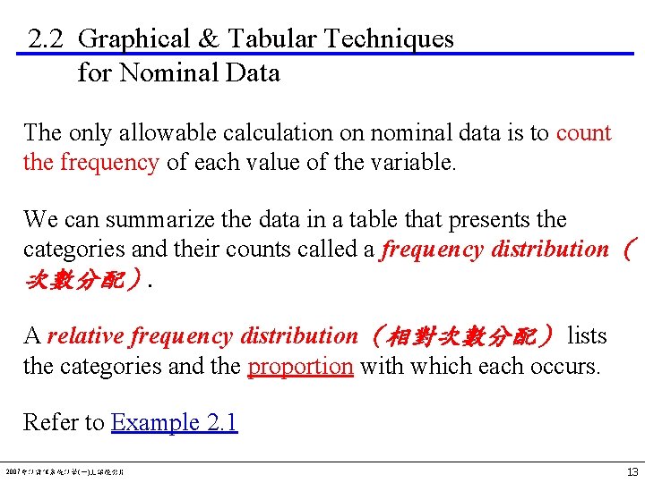 2. 2 Graphical & Tabular Techniques for Nominal Data The only allowable calculation on