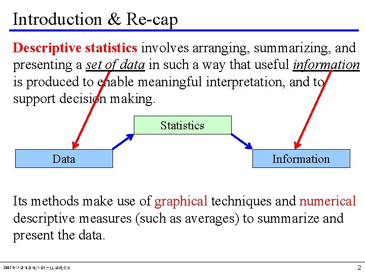 Introduction & Re-cap Descriptive statistics involves arranging, summarizing, and presenting a set of data