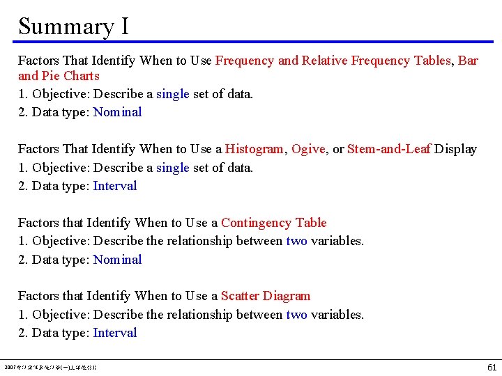 Summary I Factors That Identify When to Use Frequency and Relative Frequency Tables, Bar