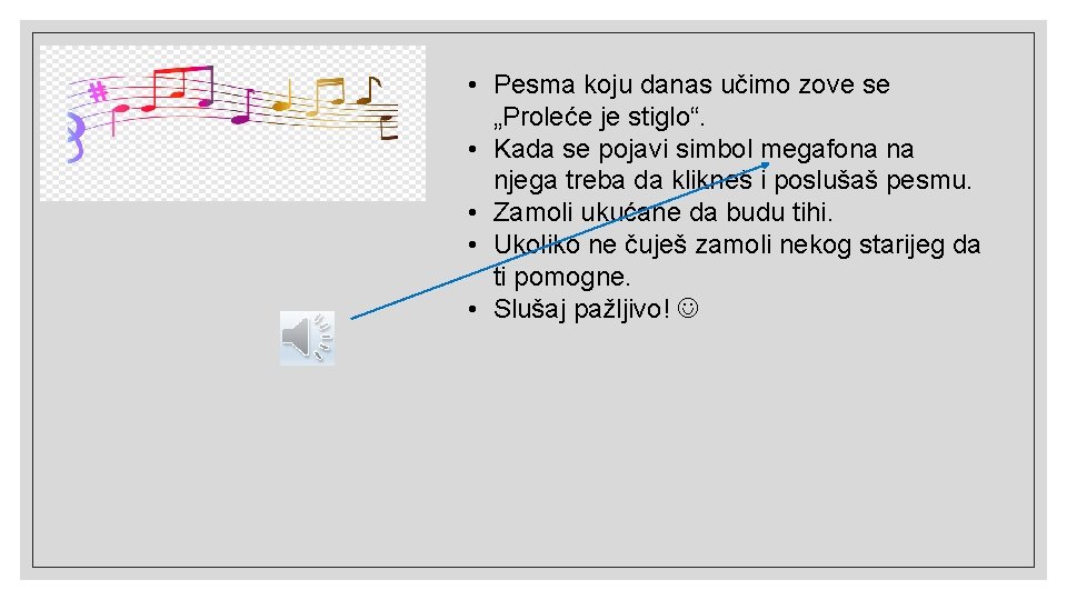  • Pesma koju danas učimo zove se „Proleće je stiglo“. • Kada se