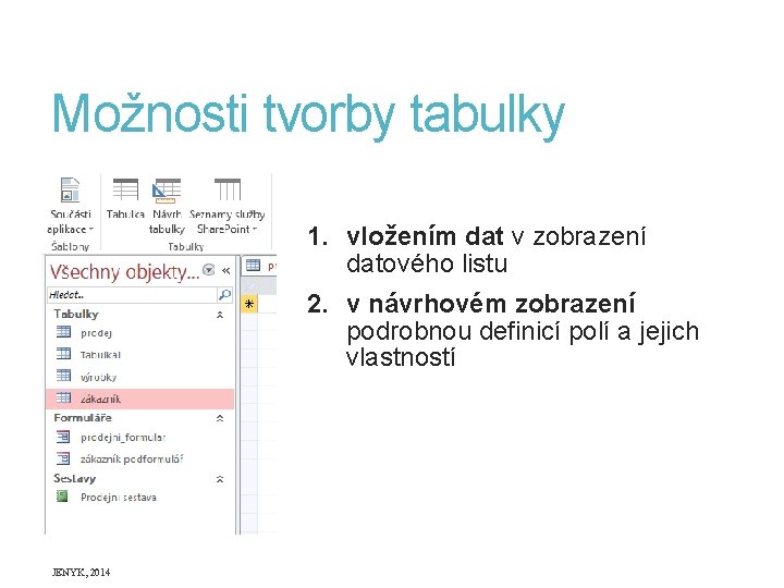 Možnosti tvorby tabulky 1. vložením dat v zobrazení datového listu 2. v návrhovém zobrazení