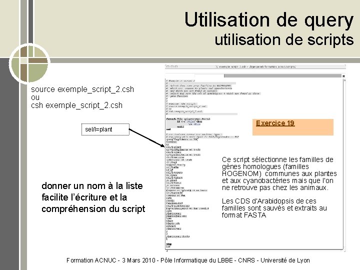 Utilisation de query utilisation de scripts source exemple_script_2. csh ou csh exemple_script_2. csh sel/l=plant