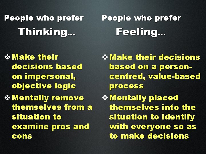 People who prefer Thinking… v Make their decisions based on impersonal, objective logic v