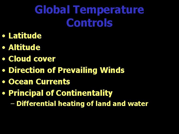 Global Temperature Controls • • • Latitude Altitude Cloud cover Direction of Prevailing Winds