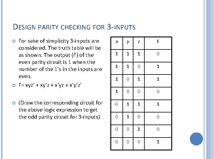 DESIGN PARITY CHECKING FOR 3 -INPUTS For sake of simplicity 3 -inputs are considered.