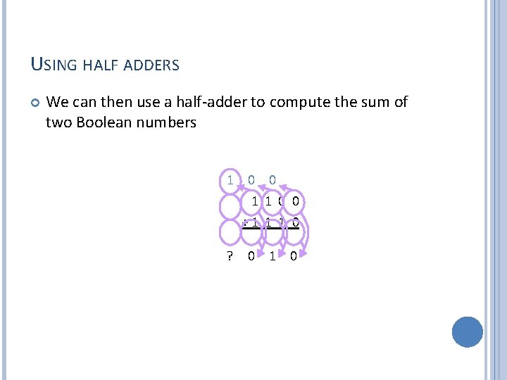 USING HALF ADDERS We can then use a half-adder to compute the sum of