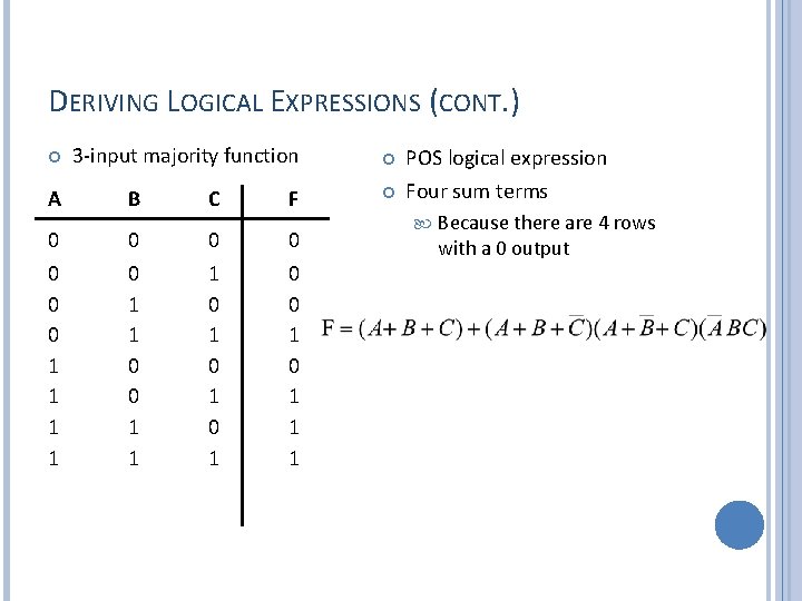 DERIVING LOGICAL EXPRESSIONS (CONT. ) A 3 -input majority function B C F 0
