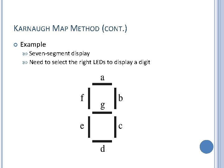 KARNAUGH MAP METHOD (CONT. ) Example Seven-segment display Need to select the right LEDs