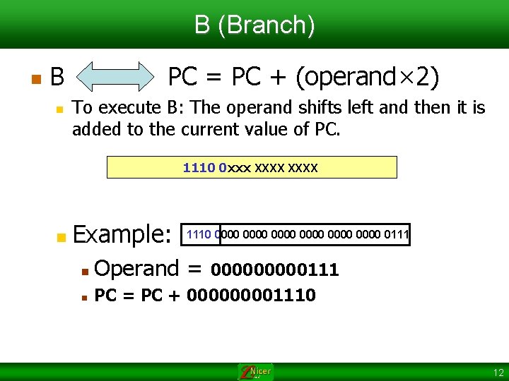 B (Branch) n B n PC = PC + (operand× 2) To execute B: